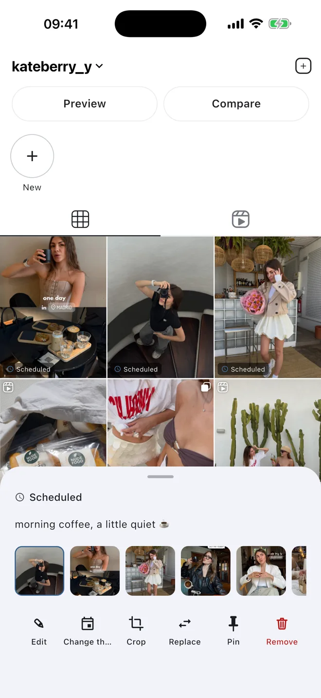The planned-post sheet, with the caption, the photo strip and the edit actions.