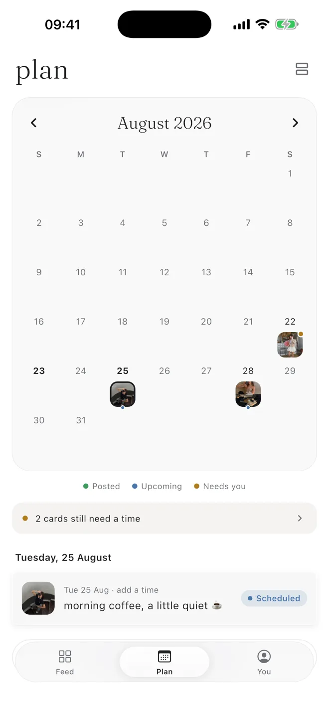 The plan calendar, with the upcoming list and the needs-you lane.