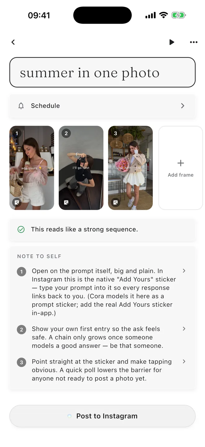 The story planner, with the frame strip and the note-to-self lane.